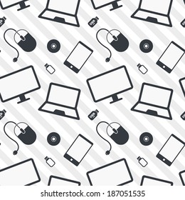 Devices seamless pattern. Notebook, smartphone, mouse, usb flash, cd, dvd, monitor texture. Vector illustration
