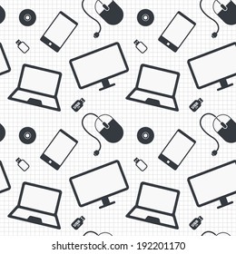 Devices seamless pattern. Notebook, smartphone, mouse, usb flash, cd, dvd, monitor texture. Vector