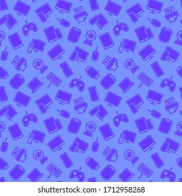 Devices seamless pattern with thin line icons: smartphone, tablet, laptop, pc monoblock, game pc, gamepad, monitor, mouse, keyboard, webcam, printer, smart watch, smart speaker. Vector illustration.