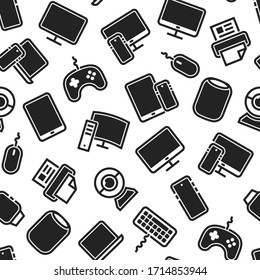 Dispositivos con un patrón transparente con iconos de línea delgada: smartphone, tablet, laptop, pc monoblock, juego pc, gamepad, monitor, ratón, teclado, webcam, impresora, reloj inteligente, altavoz inteligente. Ilustración vectorial.