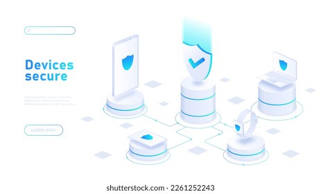 Devices secure concept. Shield connected with laptop and smartphone. Modern technologies and innovations. Internet security and personal data protection. Cartoon isometric vector illustration