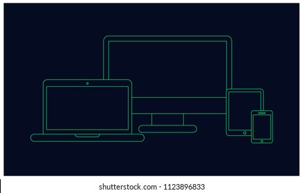Devices Set, Line Art, Desktop, Laptop, Tablet, Mobile