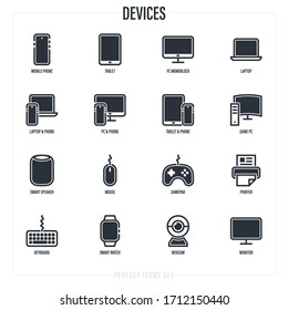 Devices set: smartphone, tablet, laptop, pc monoblock, game pc, gamepad, monitor, mouse, keyboard, webcam, printer, smart watch, smart speaker. Thin line icon. Vector illustration.