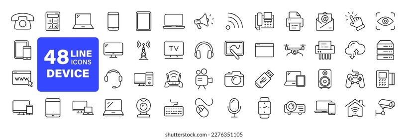 Devices set of web icons in line style. Electronic devices and gadgets icons for web and mobile app. Smart devices, technology, computer monitor, smartphone, tablet, laptop, drone. Vector illustration