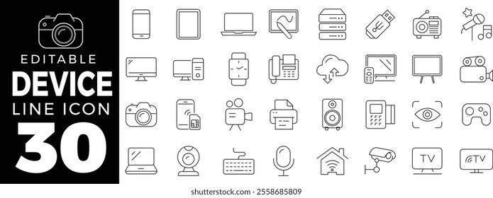  Devices set of web icons in line style. Electronic devices and gadgets icons for web and mobile app. Smart devices, technology, computer monitor, smartphone, tablet, laptop, drone.