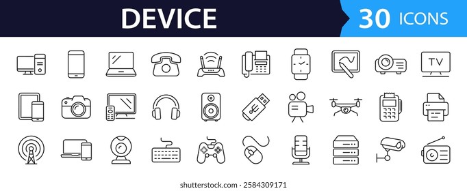 Devices set of web icons in line style. Electronic devices and gadgets icons for web and mobile app. Smart devices, technology, computer monitor, smartphone, tablet, laptop, drone. Vector illustration