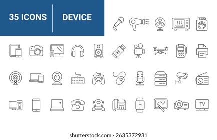 Devices set of web icons in line style. Electronic devices and gadgets icons for web and mobile app. Smart devices, technology, computer monitor, smartphone, tablet, laptop, drone. Vector illustration