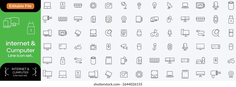 Devices set of web icons in line style. Electronic devices and gadgets icons for web and mobile app. Smart devices, technology, computer monitor, smartphone, tablet, laptop, drone. Line icon set