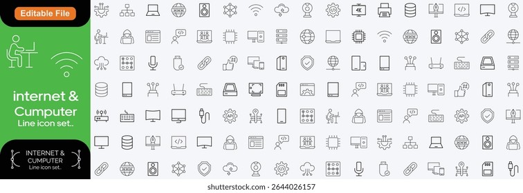 Devices set of web icons in line style. Electronic devices and gadgets icons for web and mobile app. Smart devices, technology, computer monitor, smartphone, tablet, laptop, drone. Line icon set