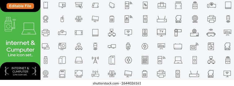 Devices set of web icons in line style. Electronic devices and gadgets icons for web and mobile app. Smart devices, technology, computer monitor, smartphone, tablet, laptop, drone. Line icon set