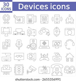 Conjunto de dispositivos de ícones da Web em estilo de linha. Ícones de dispositivos e gadgets eletrônicos
