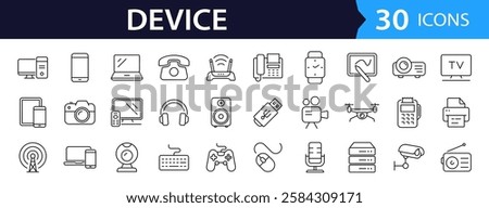 Devices set of web icons in line style. Electronic devices and gadgets icons for web and mobile app. Smart devices, technology, computer monitor, smartphone, tablet, laptop, drone. Vector illustration