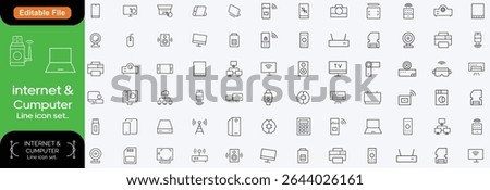 Devices set of web icons in line style. Electronic devices and gadgets icons for web and mobile app. Smart devices, technology, computer monitor, smartphone, tablet, laptop, drone. Line icon set