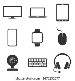 Devices simple black glyph icon set. PC desktop monitor, laptop, tablet, smartphone, wearable smartwatch, wired mouse, web camera, keyboard, headphones with microphone. Vector illustration.