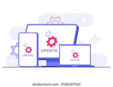 Dispositivos con pantallas de Actualizar de software Ilustración vectorial plana, mantenimiento del sistema, proceso de Actualizar, instalar software, sistema operativo