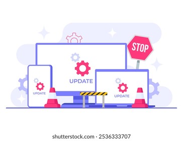 Dispositivos con pantallas de Actualizar de software Ilustración vectorial plana, mantenimiento del sistema, proceso de Actualizar, instalar software, sistema operativo