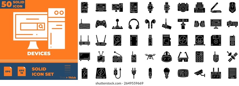 Dispositivos Ícones editáveis sólidos definidos. Ilustração vetorial em estilo sólido fino moderno de ícones de dispositivos: smartphone, tablet, computador, etc