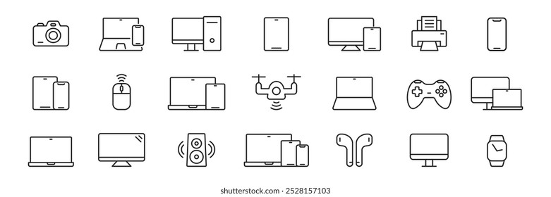 Ícones de dispositivos e gadgets técnicos definidos. Ícone da linha de dispositivos eletrônicos. Vetor.