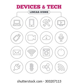 Devices and technologies icons. Notebook, smartphone and wi-fi symbols. Usb flash, video camera, microphone thin outline signs. Washing machine, fluorescent lamp and electric plug. Circle buttons.