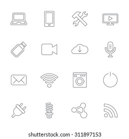 Devices and technologies icons. Notebook, smartphone and wi-fi symbols. Usb flash, video camera, microphone thin outline signs. Washing machine, fluorescent lamp and electric plug. Outline line icons.