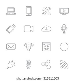 Devices and technologies icons. Notebook, smartphone and wi-fi symbols. Usb flash, video camera, microphone thin outline signs. Washing machine, fluorescent lamp and electric plug. Outline line icons.