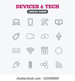 Devices and technologies icons. Notebook, smartphone and wi-fi symbols. Usb flash, video camera, microphone thin outline signs. Washing machine, fluorescent lamp and electric plug. Linear icons.