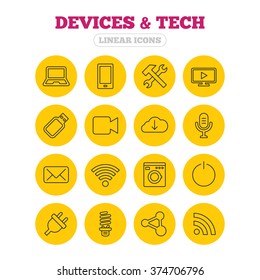 Devices and technologies icons. Notebook, smartphone and wi-fi symbols. Usb flash, video camera, microphone thin outline signs. Washing machine, fluorescent lamp and electric plug. Icons on buttons.