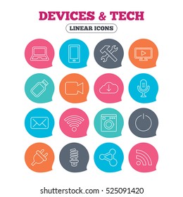 Devices and technologies icons. Notebook, smartphone and wi-fi symbols. Usb flash, video camera, microphone thin outline signs. Washing machine, fluorescent lamp and electric plug. Vector