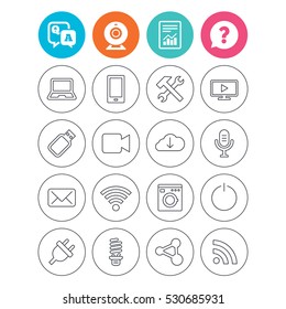 Devices and technologies icons. Notebook, smartphone and wi-fi symbols. Usb flash, video camera, microphone thin outline signs. Washing machine, fluorescent lamp and electric plug. Vector
