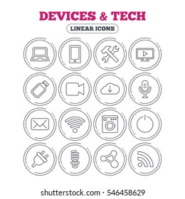 Devices and technologies icons. Notebook, smartphone and wi-fi symbols. Usb flash, video camera, microphone thin outline signs. Washing machine, fluorescent lamp and electric plug. Vector