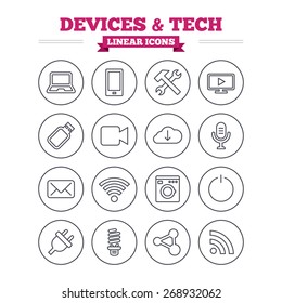 Devices and technologies linear icons set. Notebook, smartphone and wi-fi symbols. Usb flash, video camera, microphone thin outline signs. Washing machine, fluorescent lamp and electric plug.