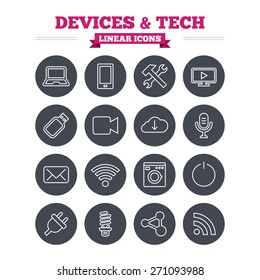 Devices and technologies linear icons set. Notebook, smartphone and wi-fi symbols. Usb flash, video camera, microphone thin outline signs. Washing machine, fluorescent lamp and electric plug. Vector