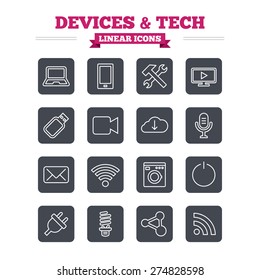 Devices and technologies linear icons set. Notebook, smartphone and wi-fi symbols. Usb flash, video camera, microphone thin outline signs. Washing machine, fluorescent lamp. Flat square vector