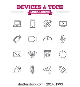 Devices and technologies linear icons set. Notebook, smartphone and wi-fi symbols. Usb flash, video camera, microphone thin outline signs. Washing machine, fluorescent lamp and electric plug.