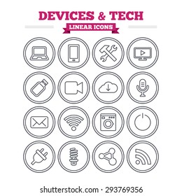 Devices and technologies linear icons set. Notebook, smartphone and wi-fi symbols. Usb flash, video camera, microphone thin outline signs. Washing machine, fluorescent lamp and electric plug. Vector