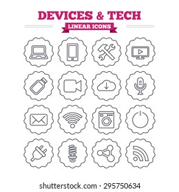 Devices and technologies linear icons set. Notebook, smartphone and wi-fi symbols. Usb flash, video camera, microphone thin outline signs. Washing machine, fluorescent lamp and electric plug.