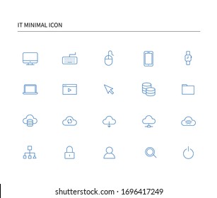 Devices and technology flat line icons set. Pc, laptop, computer, smartphone, desktop, cloud, data vector illustrations. Outline minimal signs for electronic store. Editable Blue Strokes.