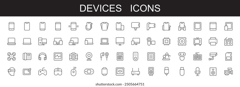 Dispositivos e iconos de tecnología iconos de línea de trazo editable Ilustración vectorial sobre fondo blanco. Dispositivos, computadora, teléfono inteligente, tableta, correo, Búsqueda, tableta, nube, ícono de medios.