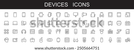 Devices and technology icons editable stroke line icons vector illustration on white background Web icons. Devices, Computer, Smartphone, Tablet, Mail, Search, Tablet, Cloud, Media icon.