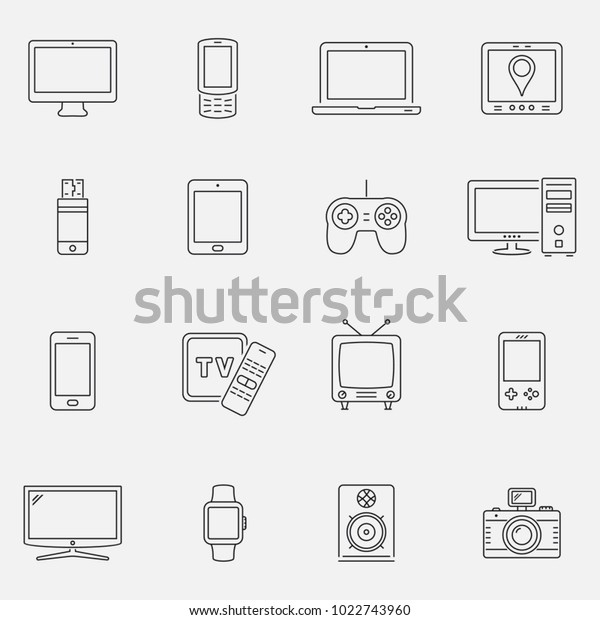 Devices and\
technology icons set, thin line\
style