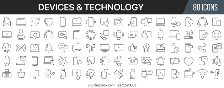 Devices and technology line icons collection. Big UI icon set in a flat design. Thin outline icons pack. Vector illustration EPS10