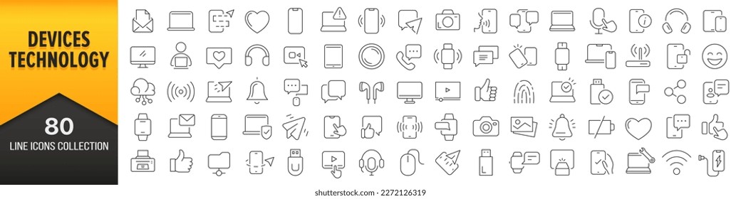 Colección de iconos de línea de dispositivos y tecnología. Un gran icono de interfaz de usuario en un diseño plano. Paquete de iconos de contorno delgado. Ilustración del vector EPS10