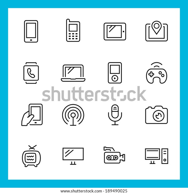 Devices\
and technology vector icons set, thin line\
style
