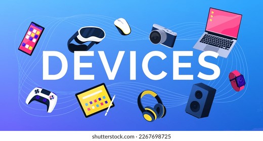 Devices text   assorted electronic devices floating: technology concept