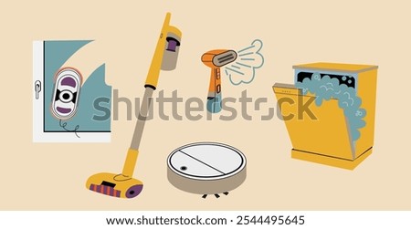 Devices that help with cleaning the house. Robot vacuum cleaner, robot window cleaner, dishwasher, steam cleaner.