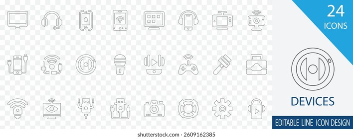Devices thin line icon set.  containing Mobile, Laptop, Computer, Monitor, Headphone and more line art