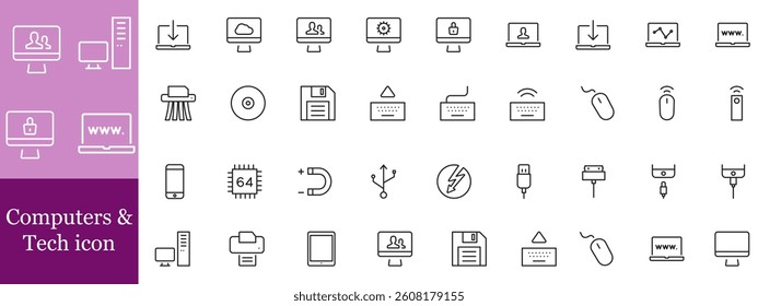 DEVICES - thin line vector icon set. Pixel perfect. Editable stroke. The set contains icons: Desktop PC, Laptop, Digital Tablet, Smart TV, Smart Phone, Smart Speaker, Smart Watch.
