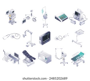 Dispositivos y herramientas en la ilustración isométrica de Tecnología médica