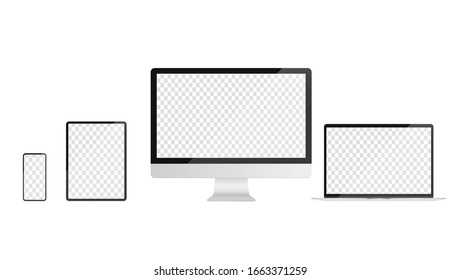 Dispositivos con plantilla de pantalla transparente. Ilustraciones vectoriales realistas de smartphone, tableta, escritorio y portátil. Para uso en maquetas.