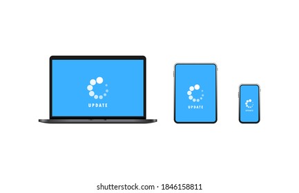 Devices update icon. Laptop, tablet and smart phone software update. Downloading data concept. Vector on isolated white background. EPS 10